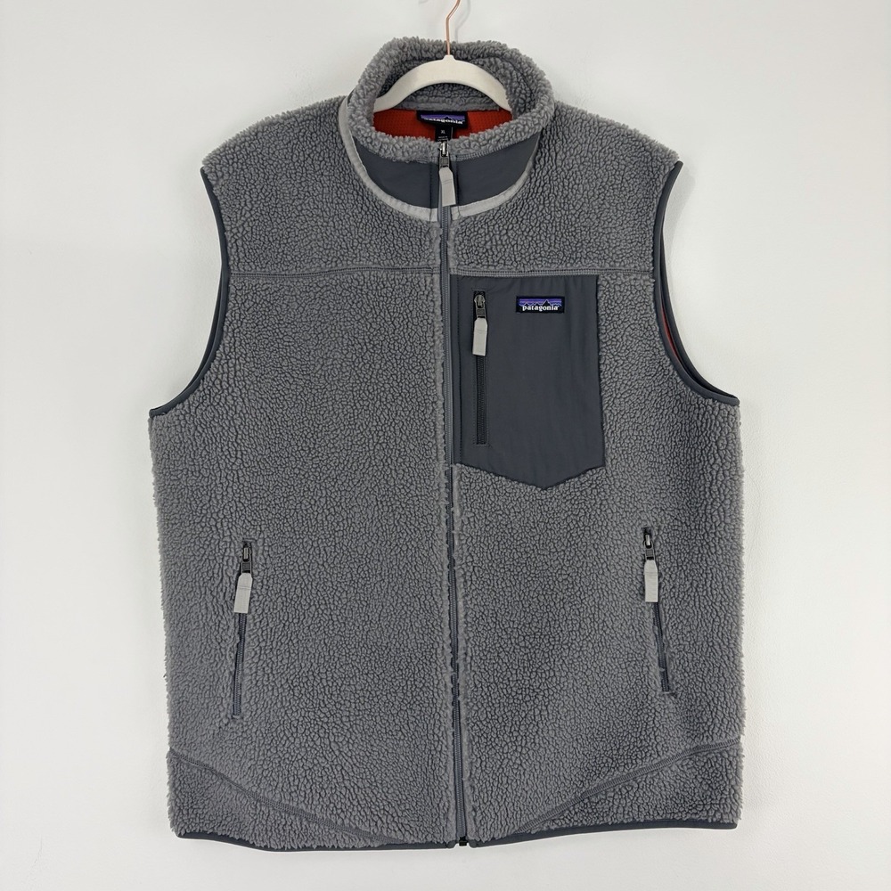 Patagonia Classic Retro-X Vest Mens XL Gray Sherpa Fleece Full Zip Red Lined